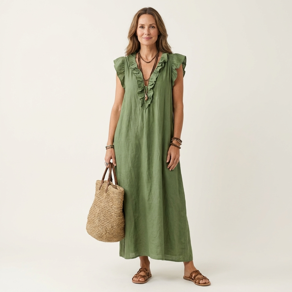 Josette | Abito Maxi in Lino con Volant e Scollatura a V