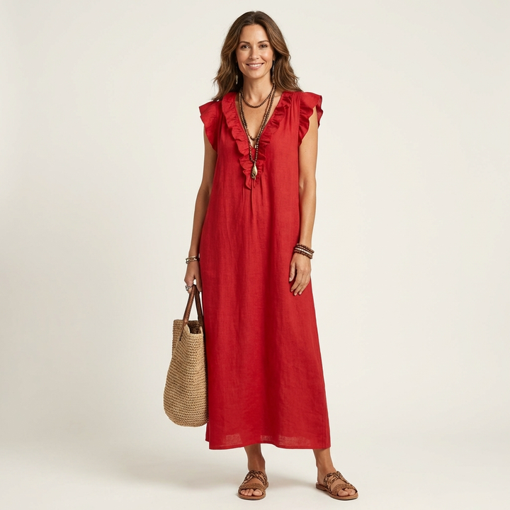 Josette | Abito Maxi in Lino con Volant e Scollatura a V