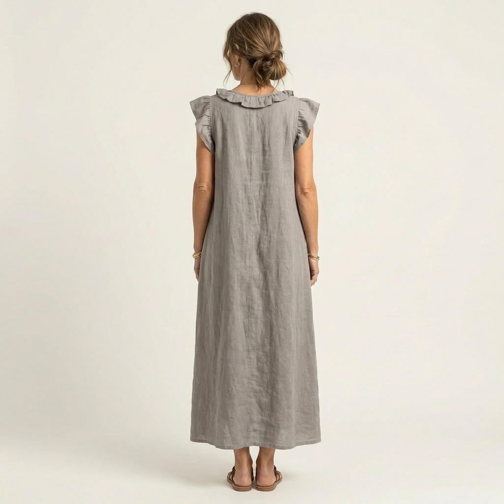 Josette | Abito Maxi in Lino con Volant e Scollatura a V
