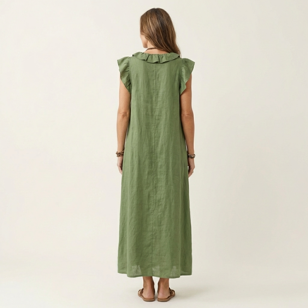 Josette | Abito Maxi in Lino con Volant e Scollatura a V