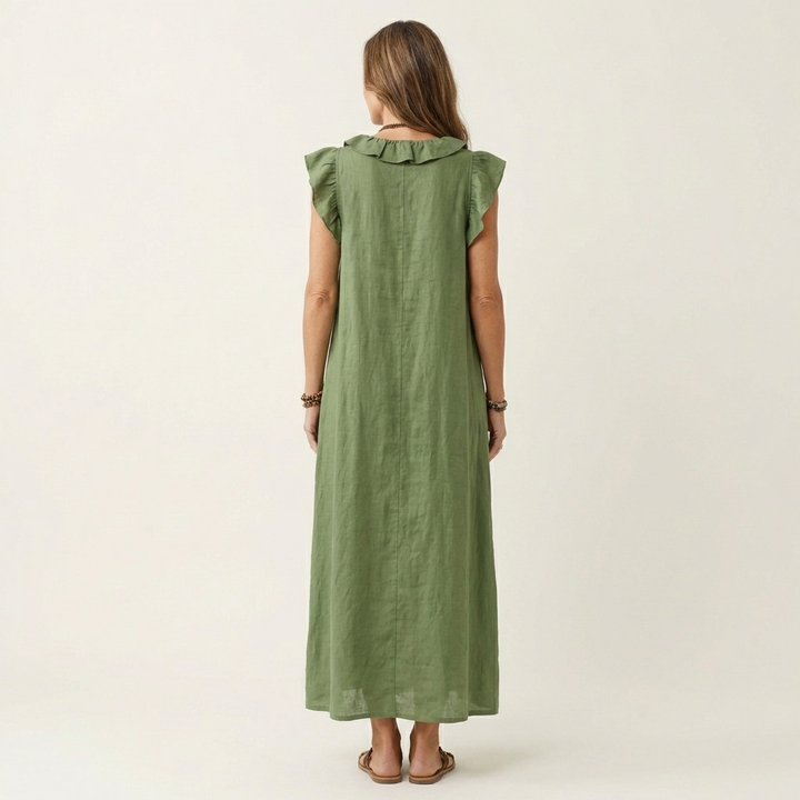 Josette | Abito Maxi in Lino con Volant e Scollatura a V