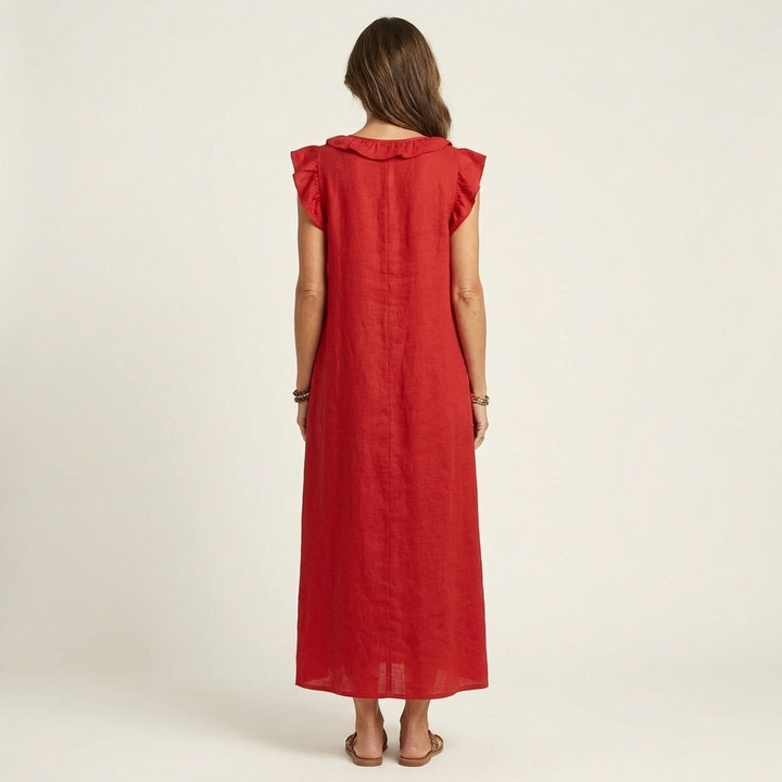 Josette | Abito Maxi in Lino con Volant e Scollatura a V