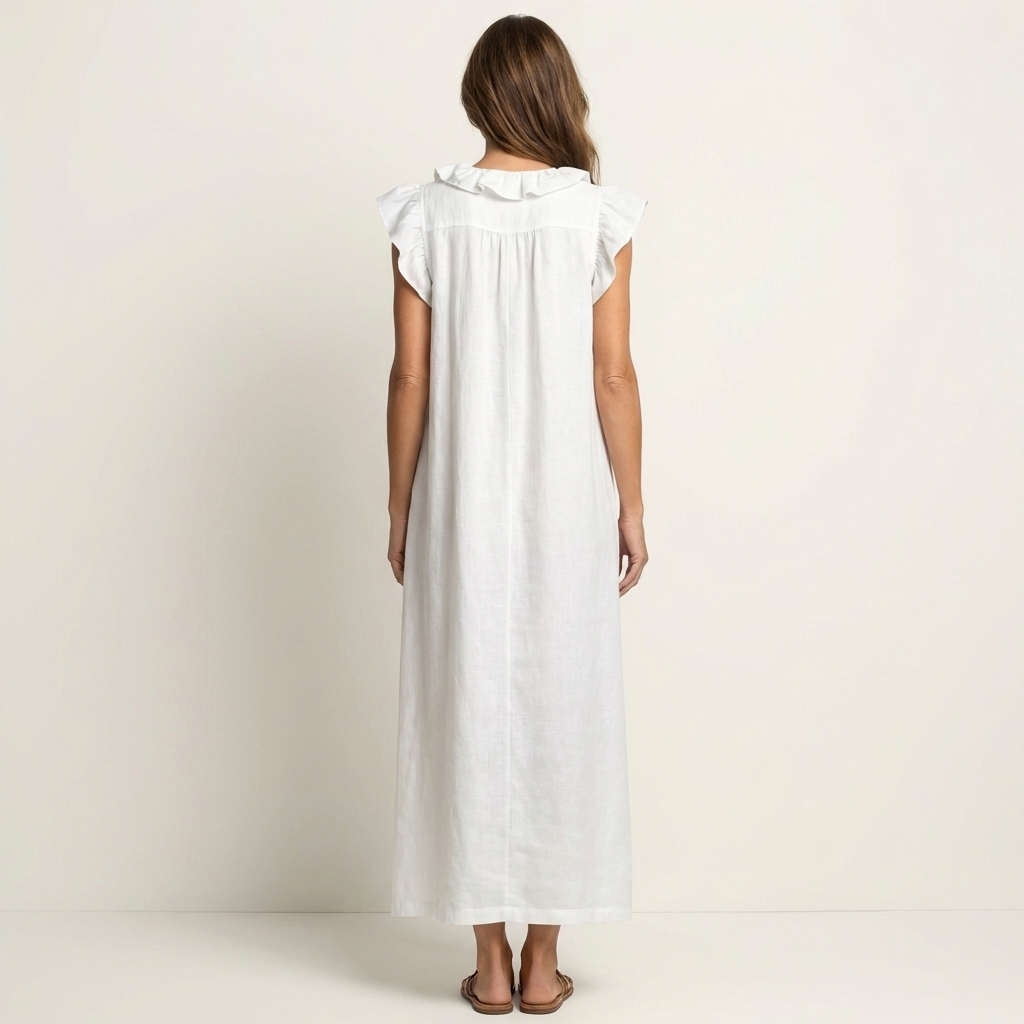 Josette | Abito Maxi in Lino con Volant e Scollatura a V