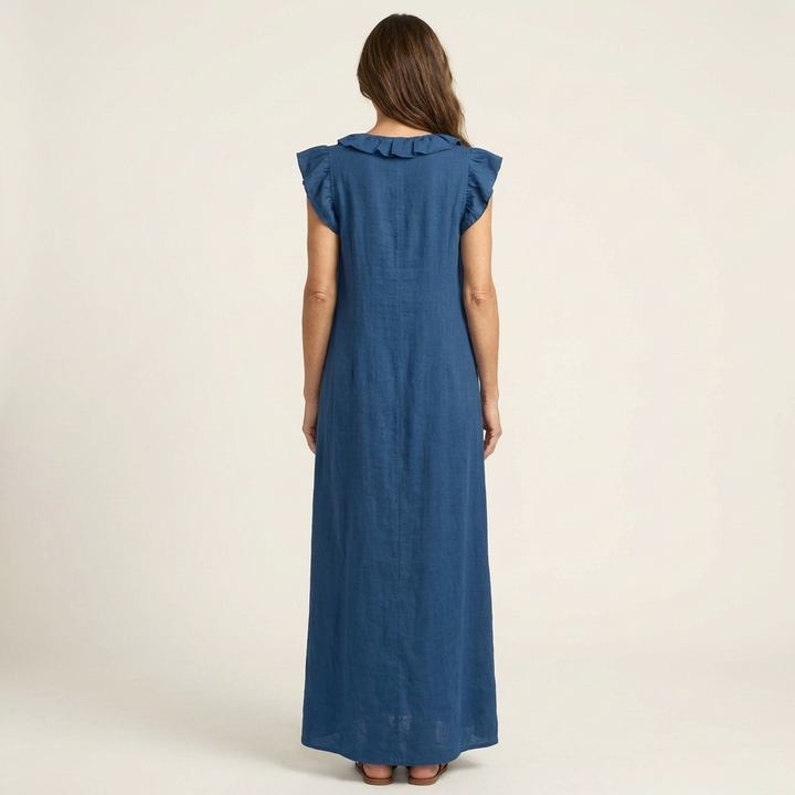 Josette | Abito Maxi in Lino con Volant e Scollatura a V
