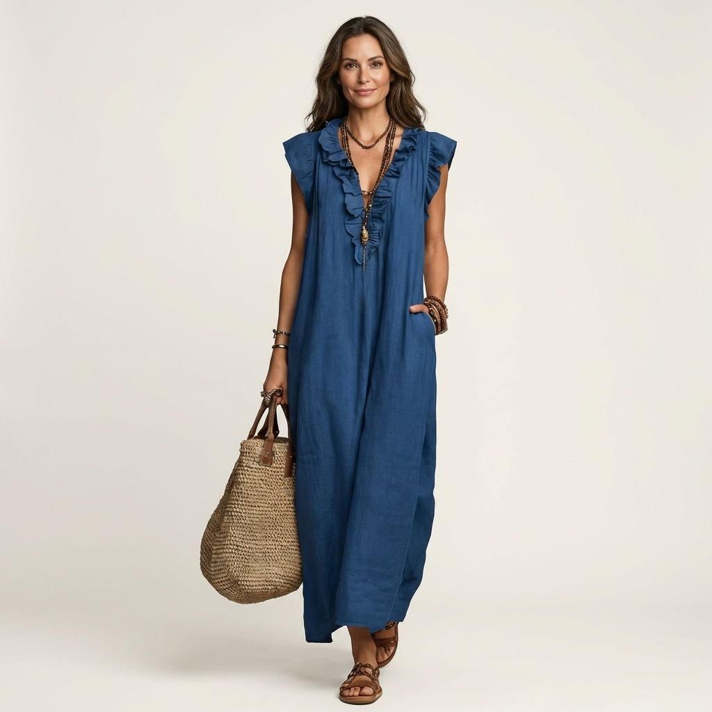 Josette | Abito Maxi in Lino con Volant e Scollatura a V