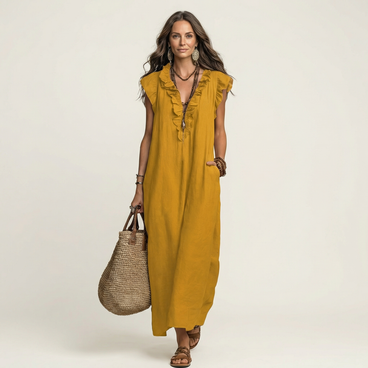 Josette | Abito Maxi in Lino con Volant e Scollatura a V