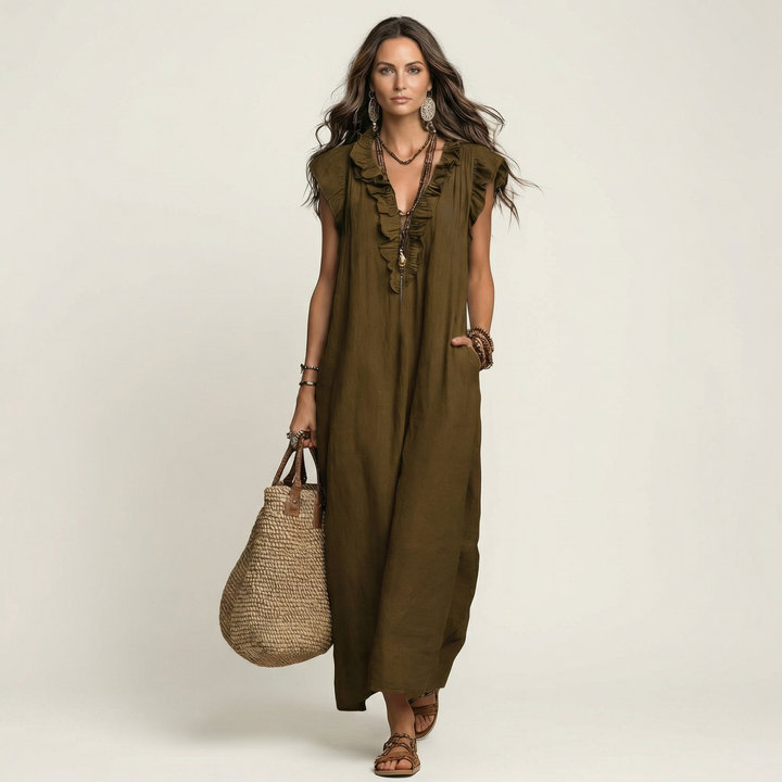 Josette | Abito Maxi in Lino con Volant e Scollatura a V