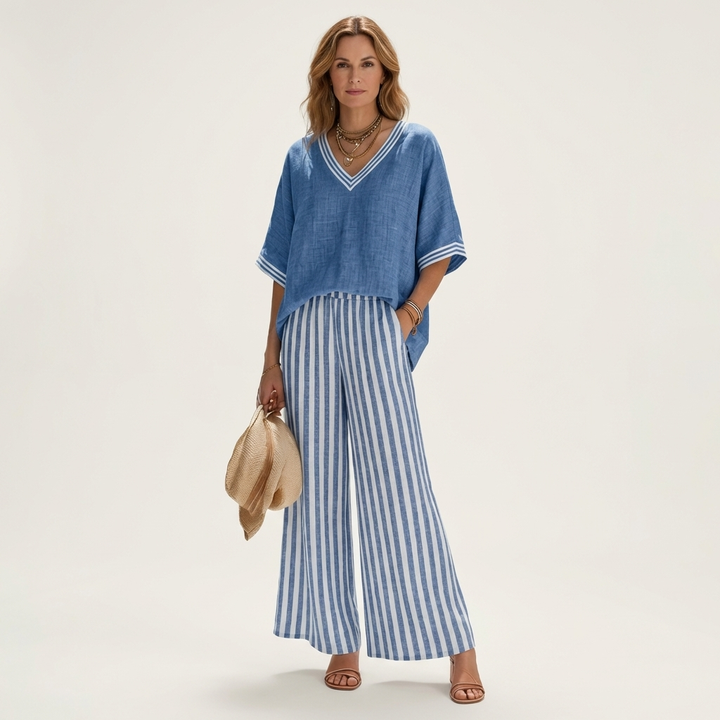 Juliana | Top Varsity a V e Set Pantaloni a Strisce a Gamba Larga
