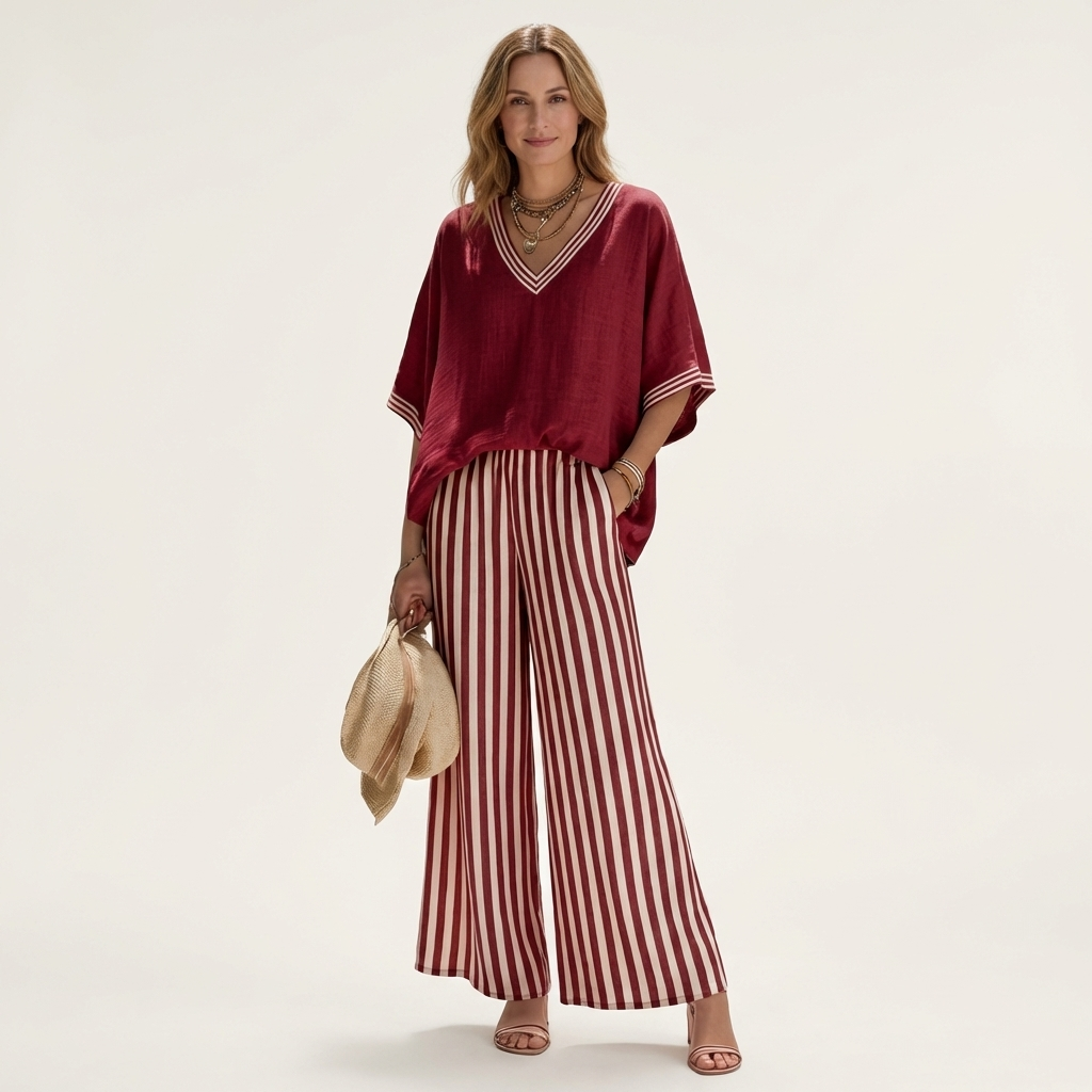 Juliana | Top Varsity a V e Set Pantaloni a Strisce a Gamba Larga