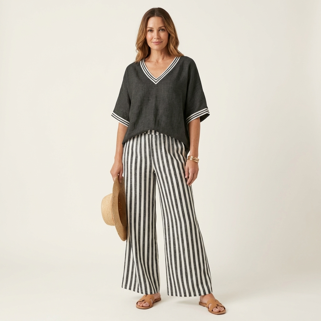 Juliana | Top Varsity a V e Set Pantaloni a Strisce a Gamba Larga