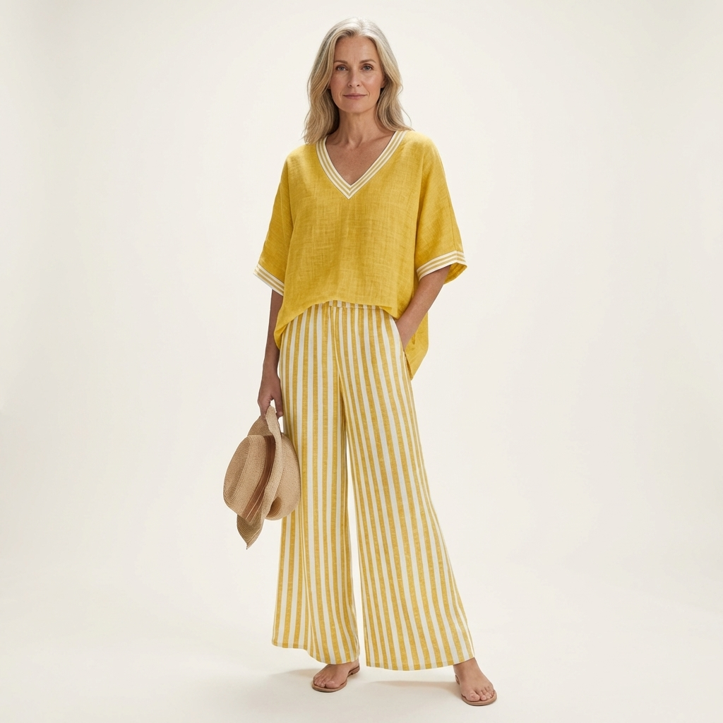 Juliana | Top Varsity a V e Set Pantaloni a Strisce a Gamba Larga