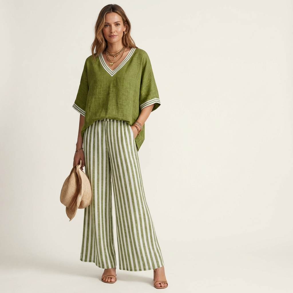 Juliana | Top Varsity a V e Set Pantaloni a Strisce a Gamba Larga