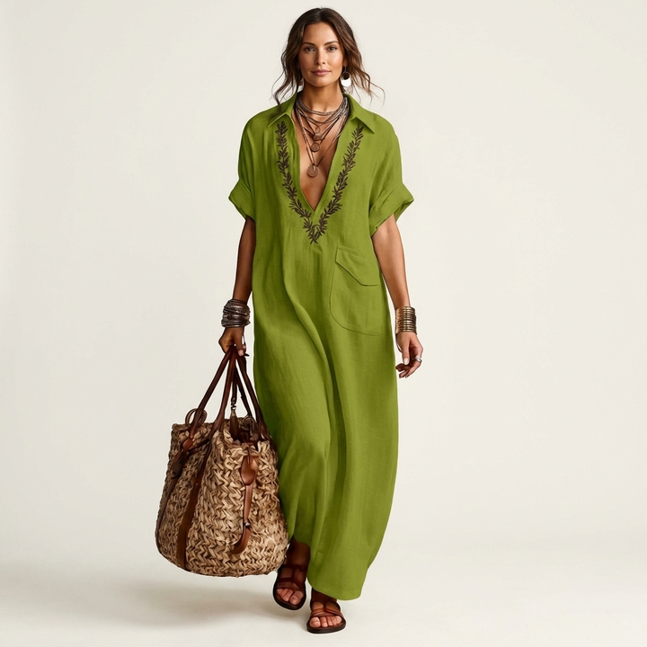 Amarina | Abito Maxi in Lino con Collo a V Ricamato