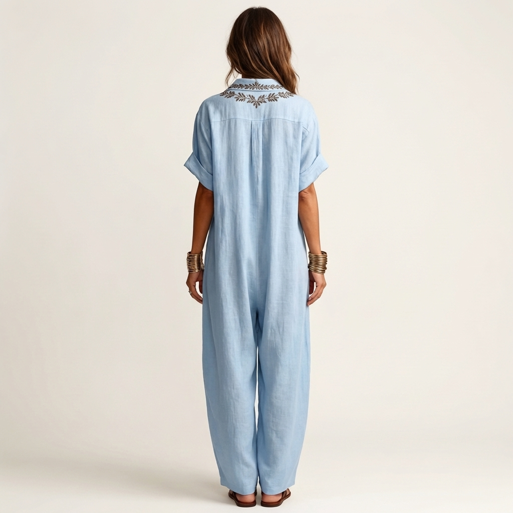 Amarina | Abito Maxi in Lino con Collo a V Ricamato