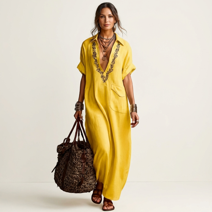 Amarina | Abito Maxi in Lino con Collo a V Ricamato