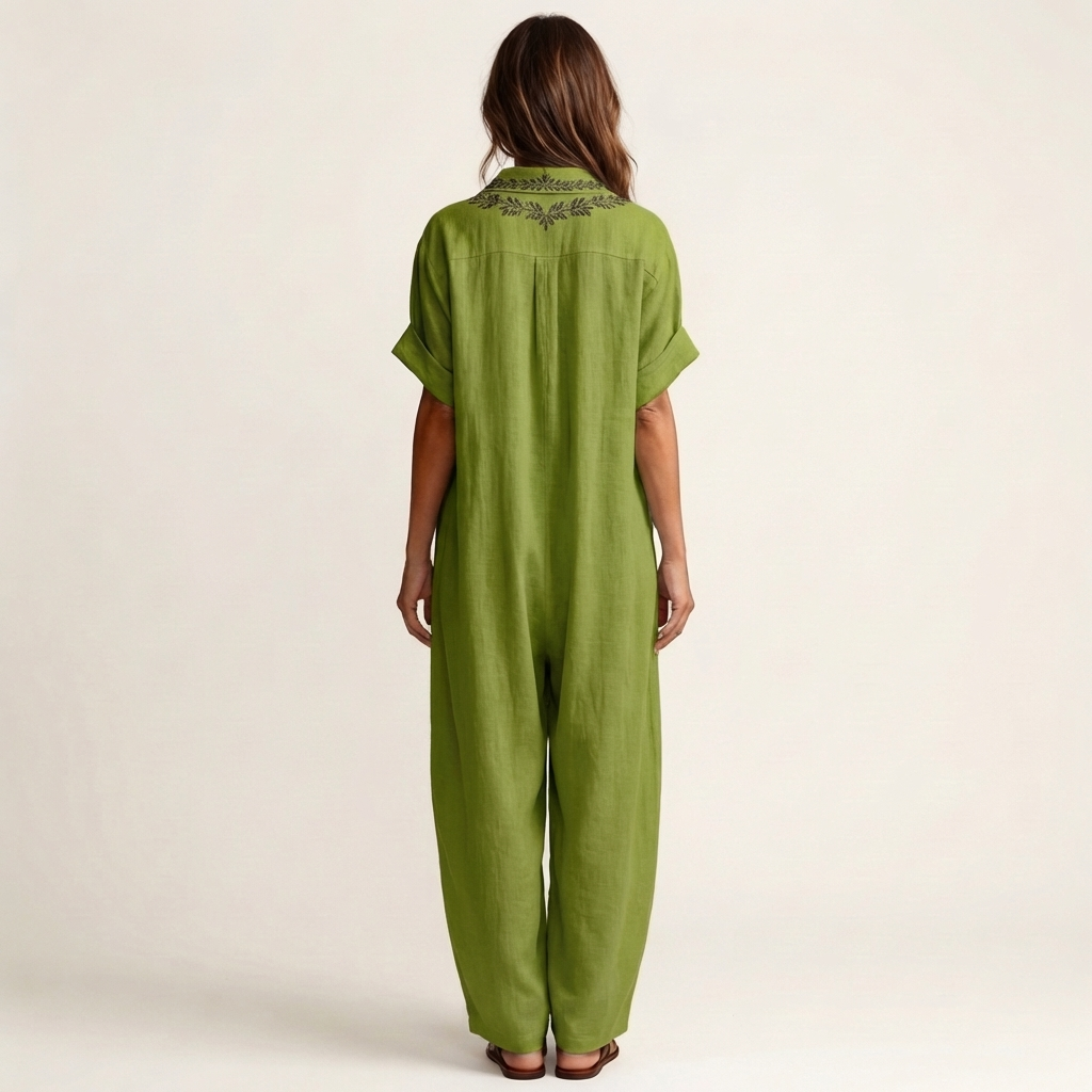 Amarina | Abito Maxi in Lino con Collo a V Ricamato