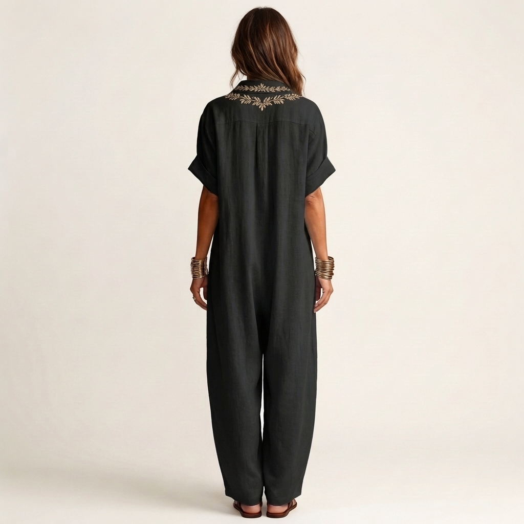 Amarina | Abito Maxi in Lino con Collo a V Ricamato