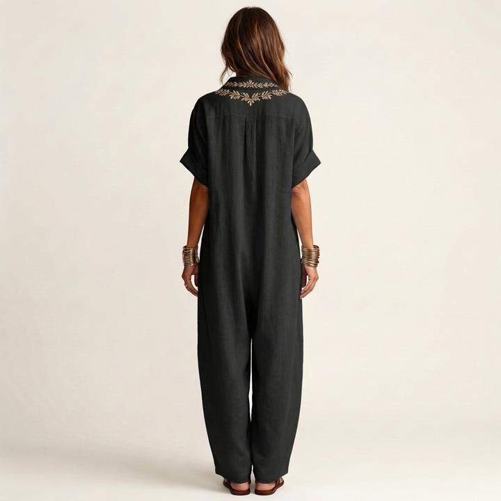 Amarina | Abito Maxi in Lino con Collo a V Ricamato