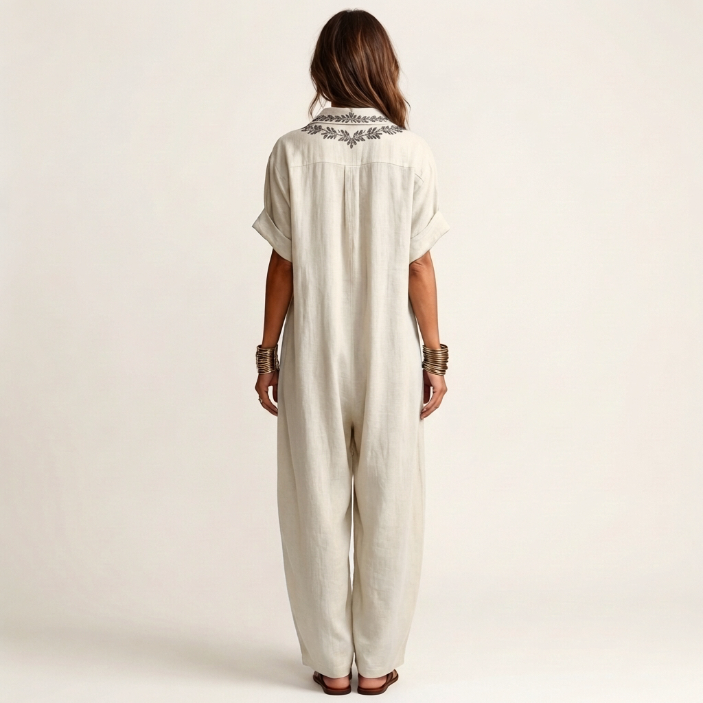 Amarina | Abito Maxi in Lino con Collo a V Ricamato