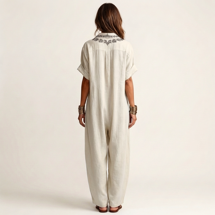 Amarina | Abito Maxi in Lino con Collo a V Ricamato