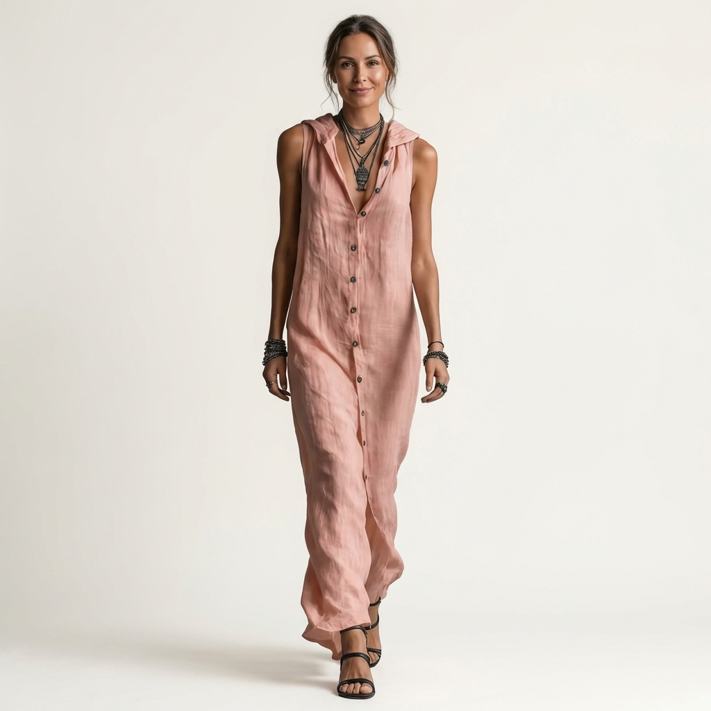 Mirabell | Abito Maxi in Lino Senza Maniche con Cappuccio e Bottoni Frontali