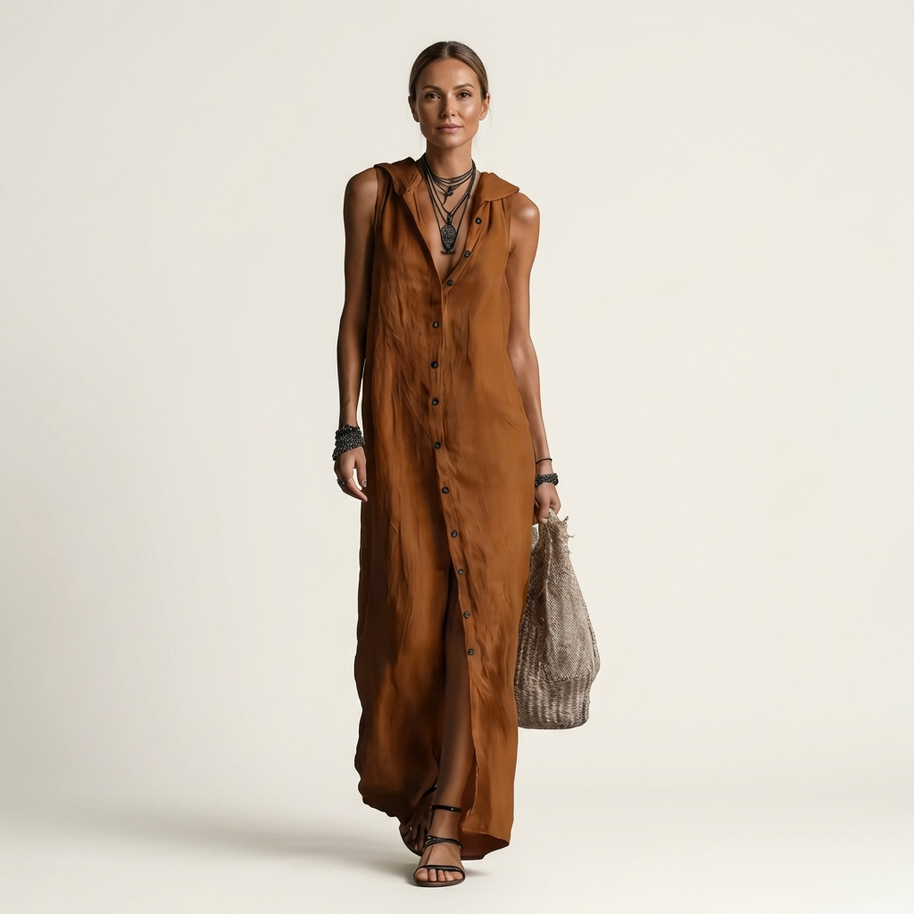 Mirabell | Abito Maxi in Lino Senza Maniche con Cappuccio e Bottoni Frontali