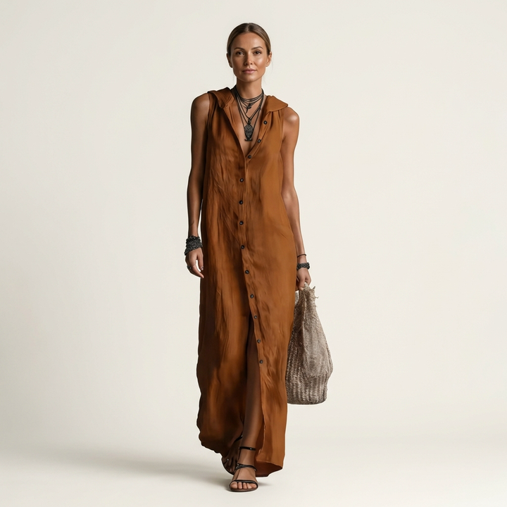 Mirabell | Abito Maxi in Lino Senza Maniche con Cappuccio e Bottoni Frontali