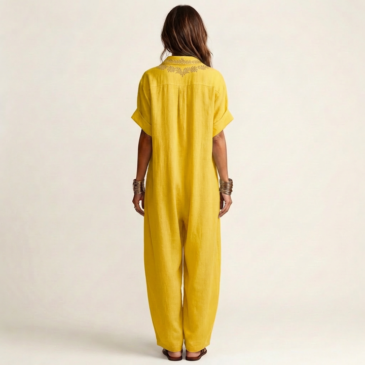 Amarina | Abito Maxi in Lino con Collo a V Ricamato