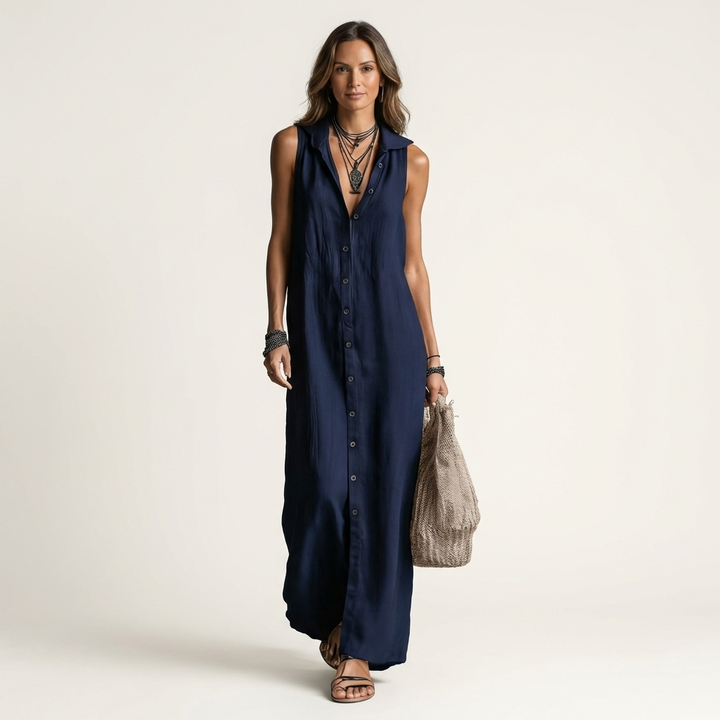Mirabell | Abito Maxi in Lino Senza Maniche con Cappuccio e Bottoni Frontali