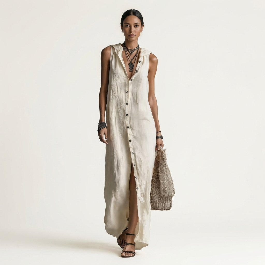 Mirabell | Abito Maxi in Lino Senza Maniche con Cappuccio e Bottoni Frontali