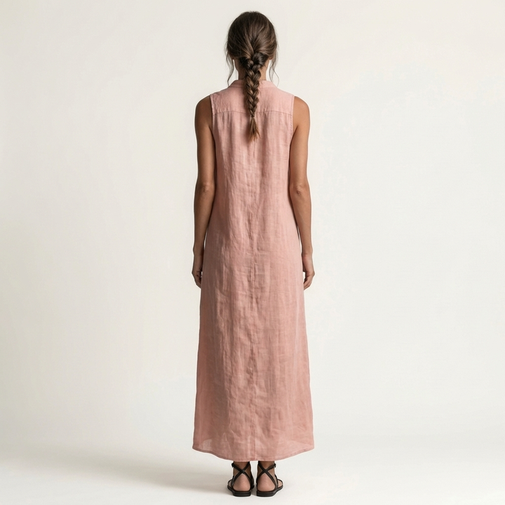 Mirabell | Abito Maxi in Lino Senza Maniche con Cappuccio e Bottoni Frontali