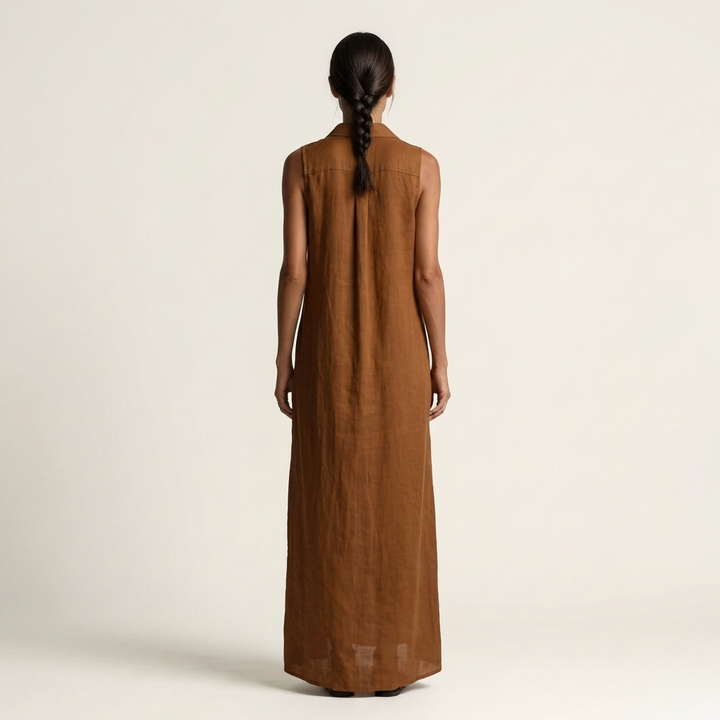 Mirabell | Abito Maxi in Lino Senza Maniche con Cappuccio e Bottoni Frontali