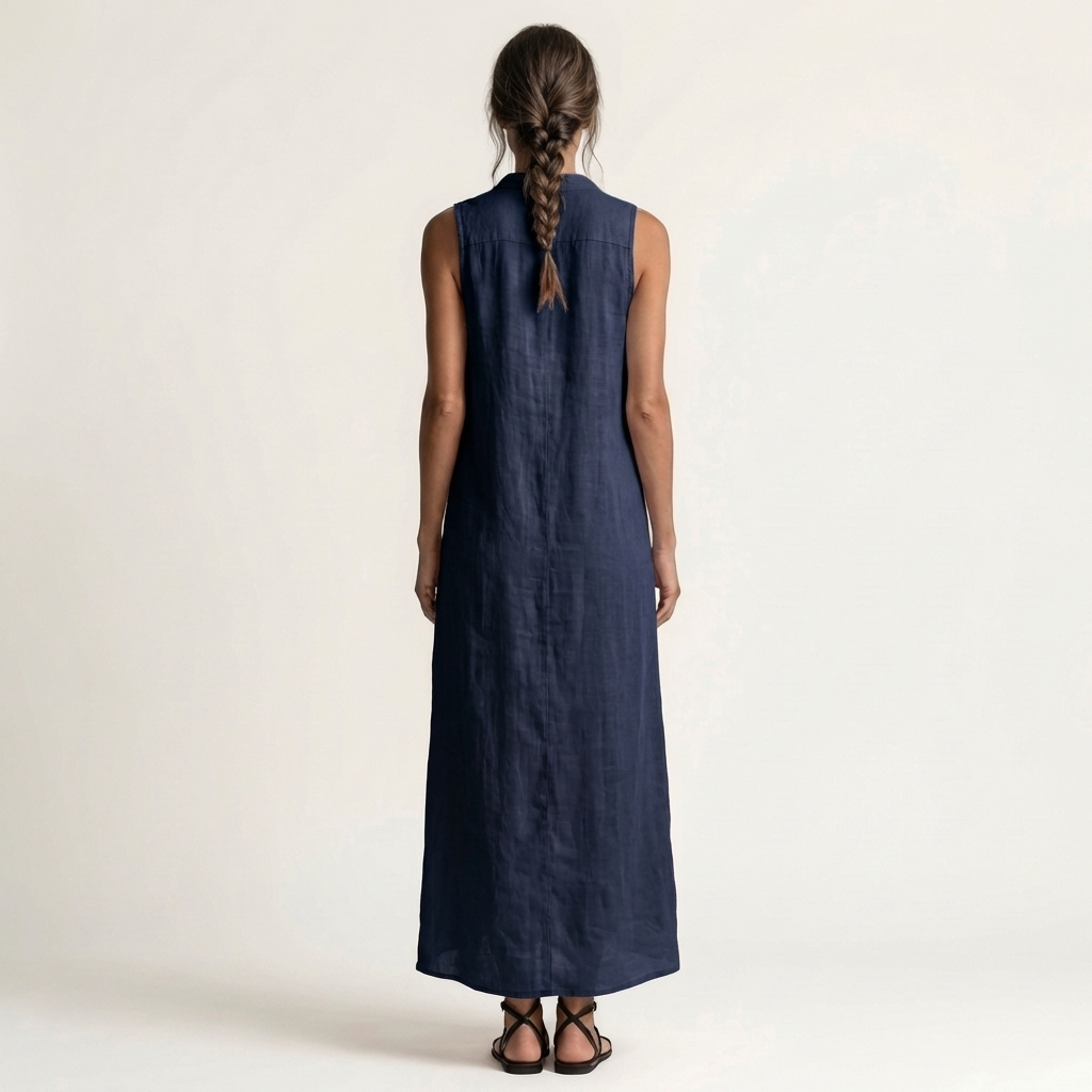 Mirabell | Abito Maxi in Lino Senza Maniche con Cappuccio e Bottoni Frontali