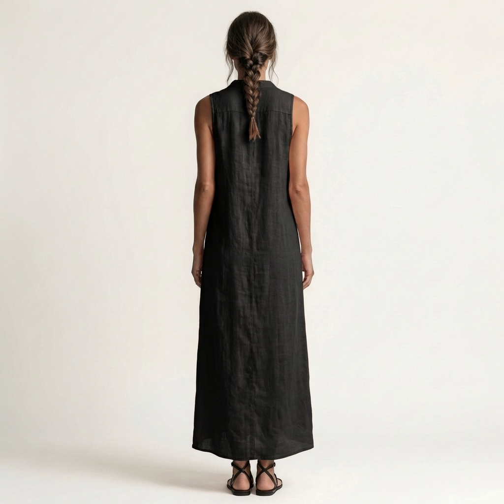Mirabell | Abito Maxi in Lino Senza Maniche con Cappuccio e Bottoni Frontali