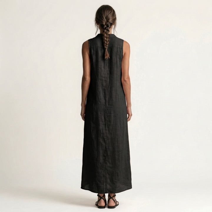 Mirabell | Abito Maxi in Lino Senza Maniche con Cappuccio e Bottoni Frontali