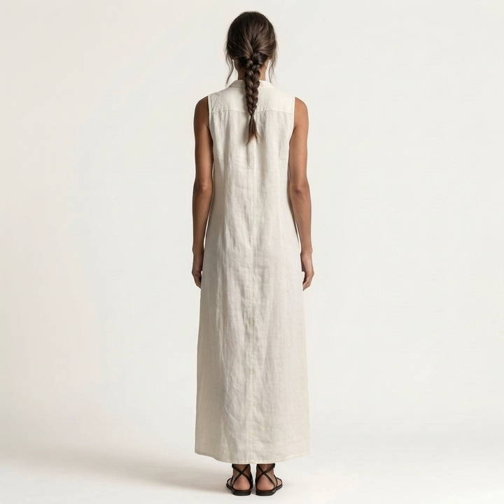 Mirabell | Abito Maxi in Lino Senza Maniche con Cappuccio e Bottoni Frontali