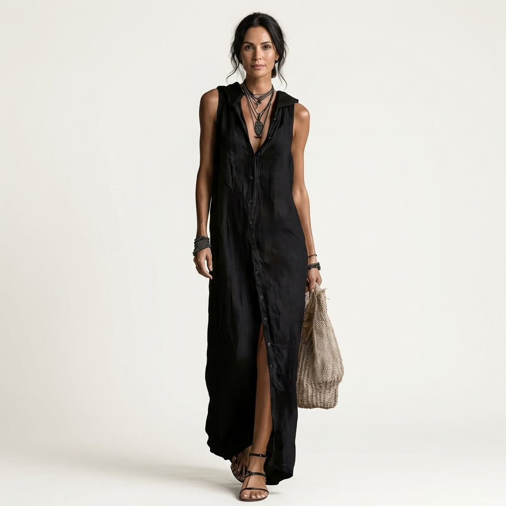 Mirabell | Abito Maxi in Lino Senza Maniche con Cappuccio e Bottoni Frontali
