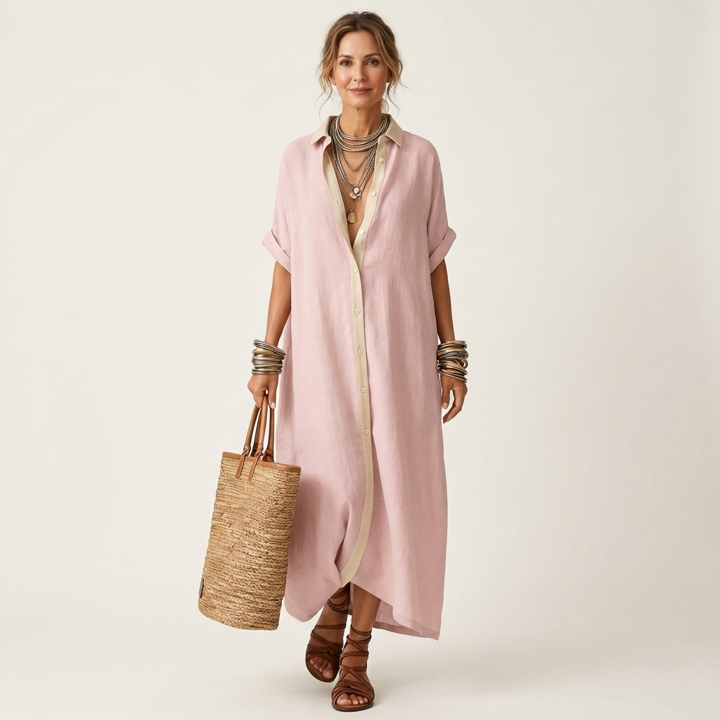 Kamira | Vestito Camicia Maxi a Maniche Corte con Collo a Contrasto e Bottoni Frontali