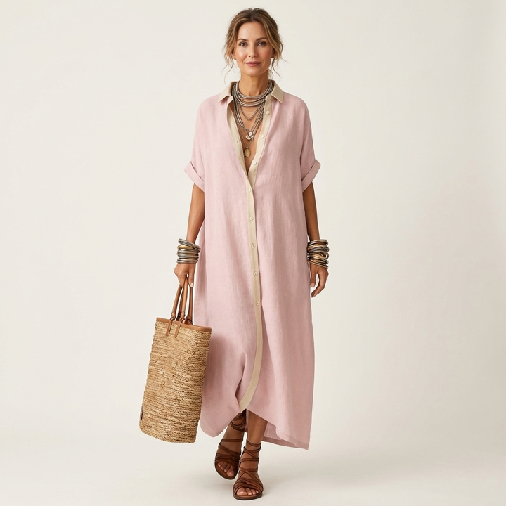 Kamira | Vestito Camicia Maxi a Maniche Corte con Collo a Contrasto e Bottoni Frontali