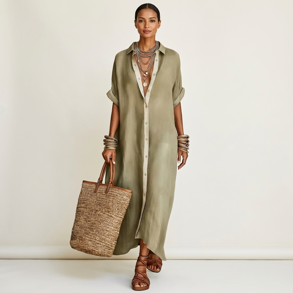 Kamira | Vestito Camicia Maxi a Maniche Corte con Collo a Contrasto e Bottoni Frontali