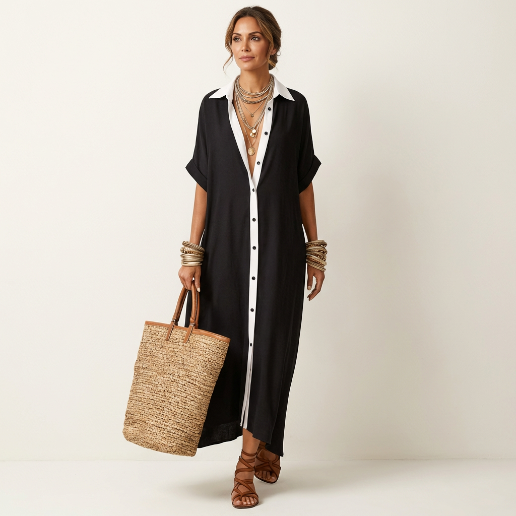 Kamira | Vestito Camicia Maxi a Maniche Corte con Collo a Contrasto e Bottoni Frontali