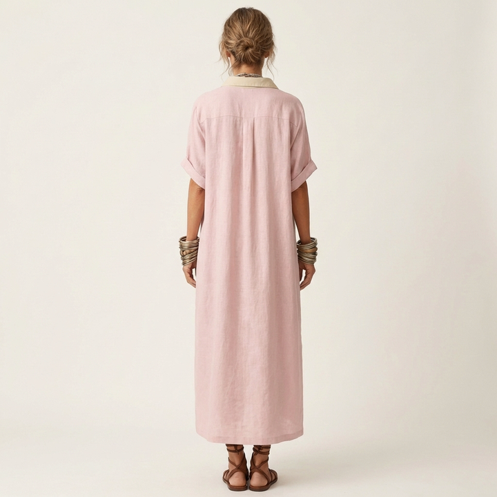 Kamira | Vestito Camicia Maxi a Maniche Corte con Collo a Contrasto e Bottoni Frontali