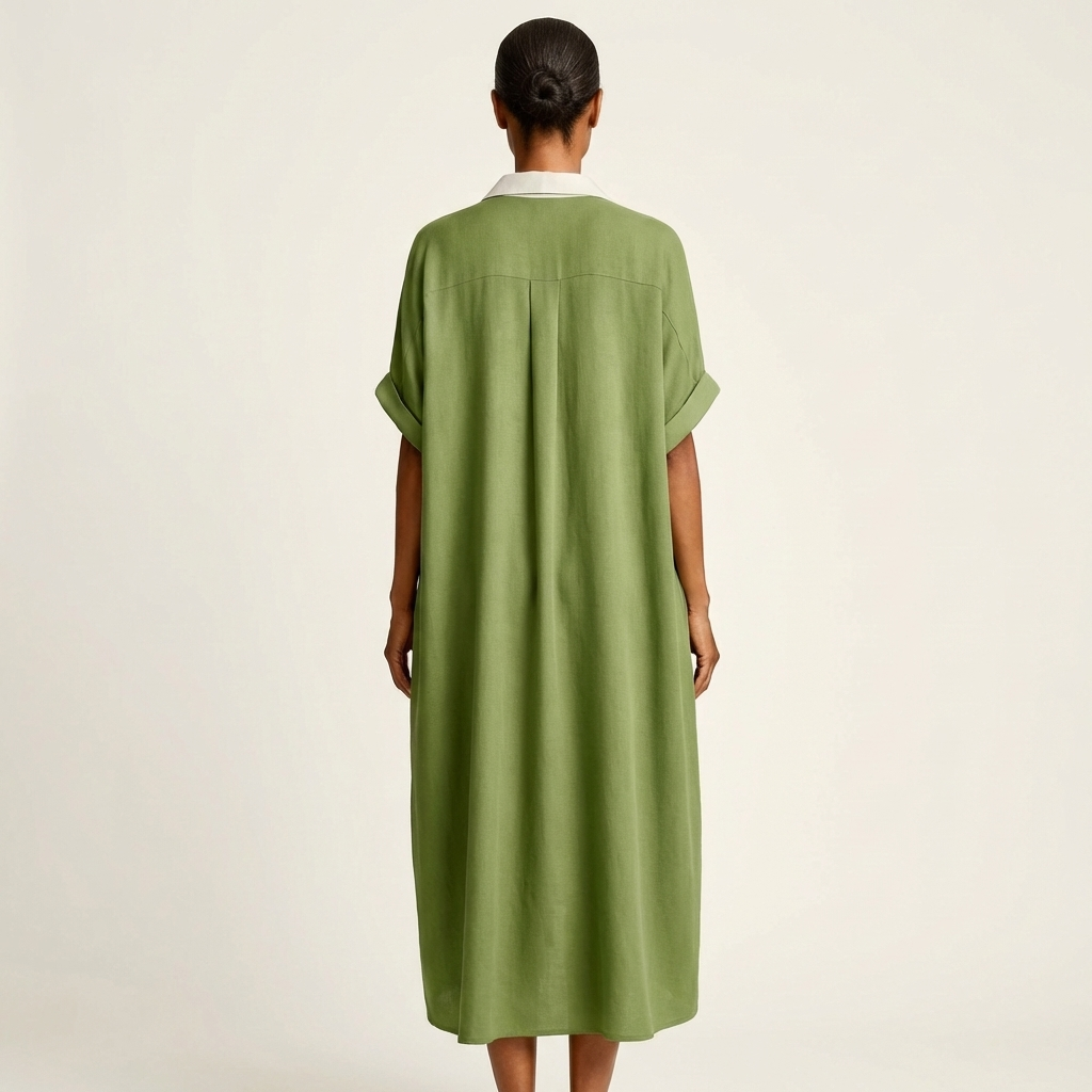 Kamira | Vestito Camicia Maxi a Maniche Corte con Collo a Contrasto e Bottoni Frontali