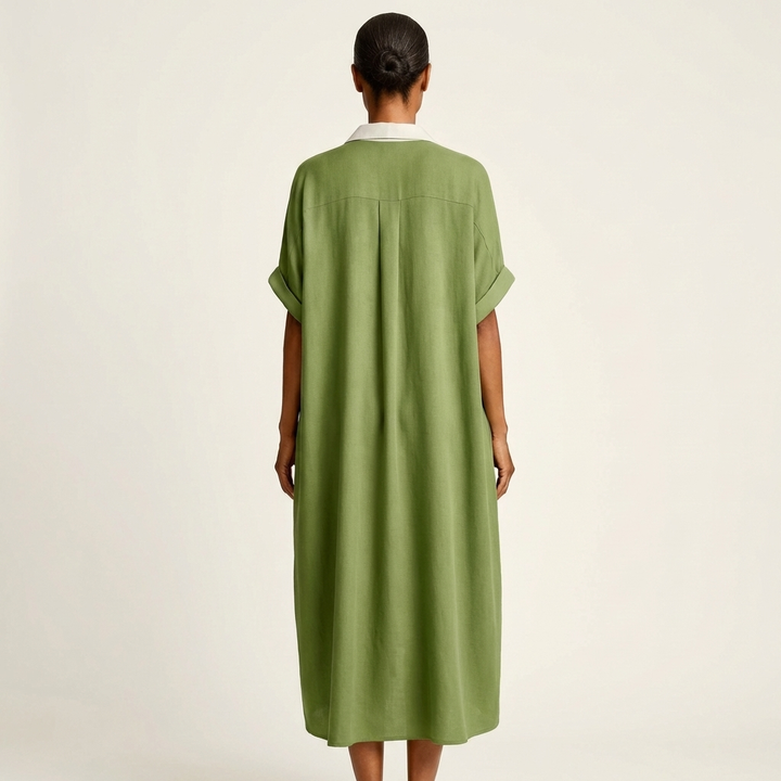 Kamira | Vestito Camicia Maxi a Maniche Corte con Collo a Contrasto e Bottoni Frontali
