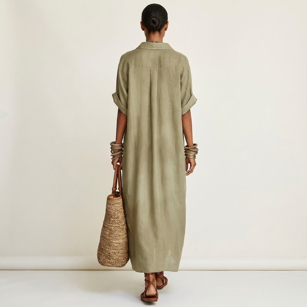 Kamira | Vestito Camicia Maxi a Maniche Corte con Collo a Contrasto e Bottoni Frontali