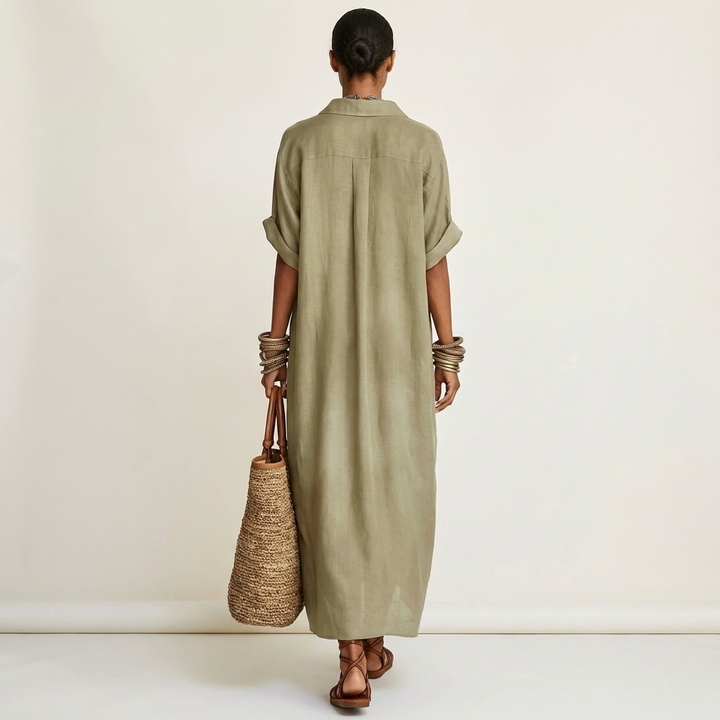 Kamira | Vestito Camicia Maxi a Maniche Corte con Collo a Contrasto e Bottoni Frontali