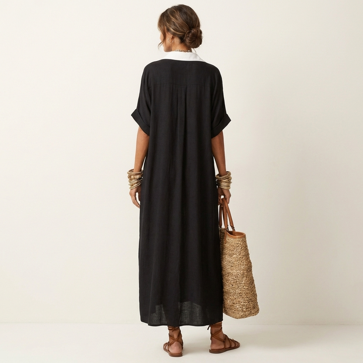Kamira | Vestito Camicia Maxi a Maniche Corte con Collo a Contrasto e Bottoni Frontali