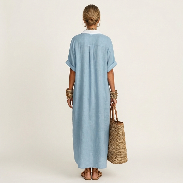 Kamira | Vestito Camicia Maxi a Maniche Corte con Collo a Contrasto e Bottoni Frontali