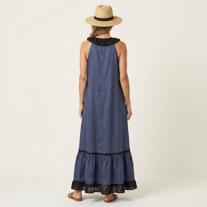 Mayline | Abito Maxi senza Maniche con Collo a Rouches e Bordo a Contrasto