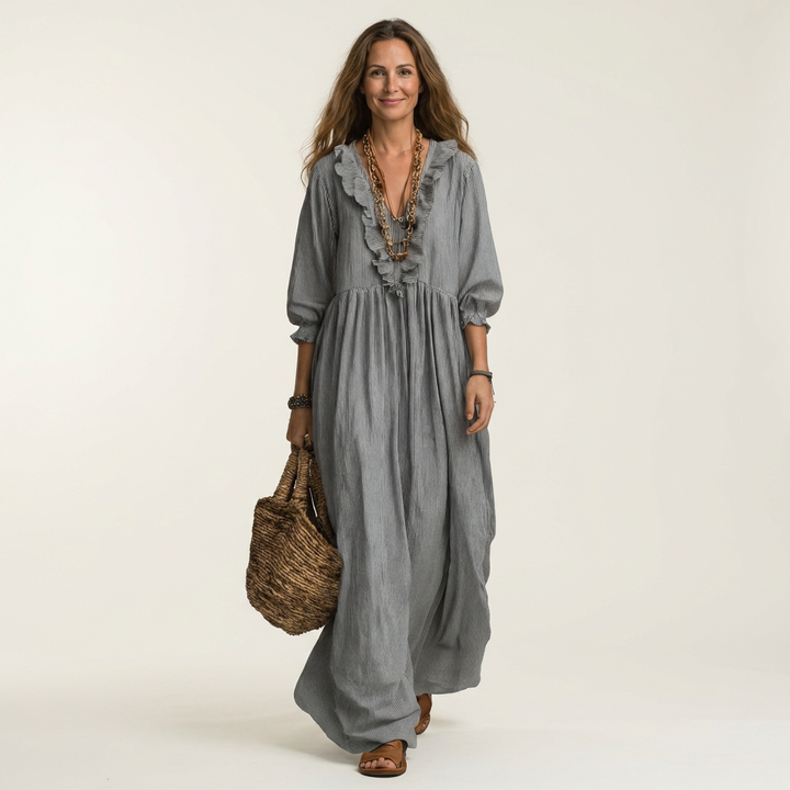 Yosetta | Maxi Dress a Righe con Scollo a V Ruffle e Maniche a Lanterna